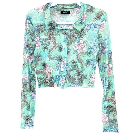 Y2K Aqua Blue Sheer Mesh Asian Dragon Floral Tattoo Print Cropped Button Shirt - Picture 1 of 8